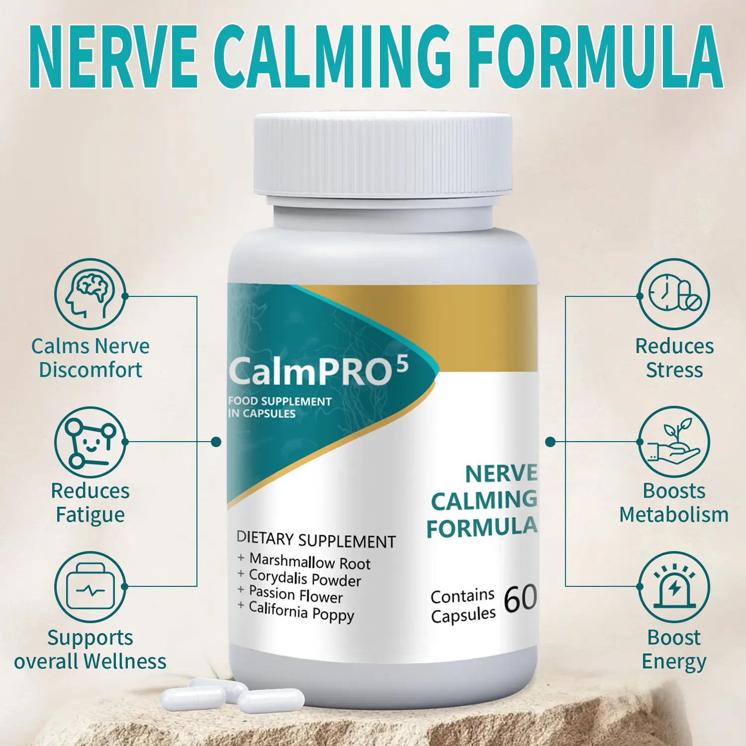 CalmPRO5 Nerve Calming Formula Capsules: All Natural Stress & Sleep Aid (60ct) - WISHCA