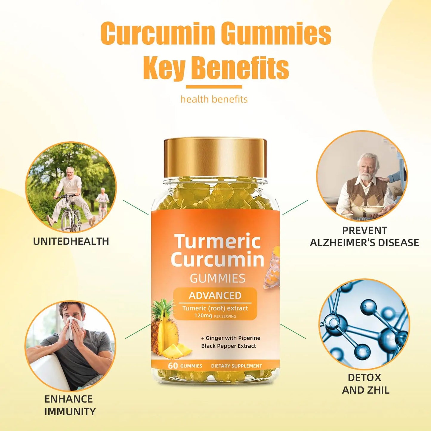 WISHCA Turmeric Curcumin Gummies: Max Absorption for Joint & Immune Health (60ct)