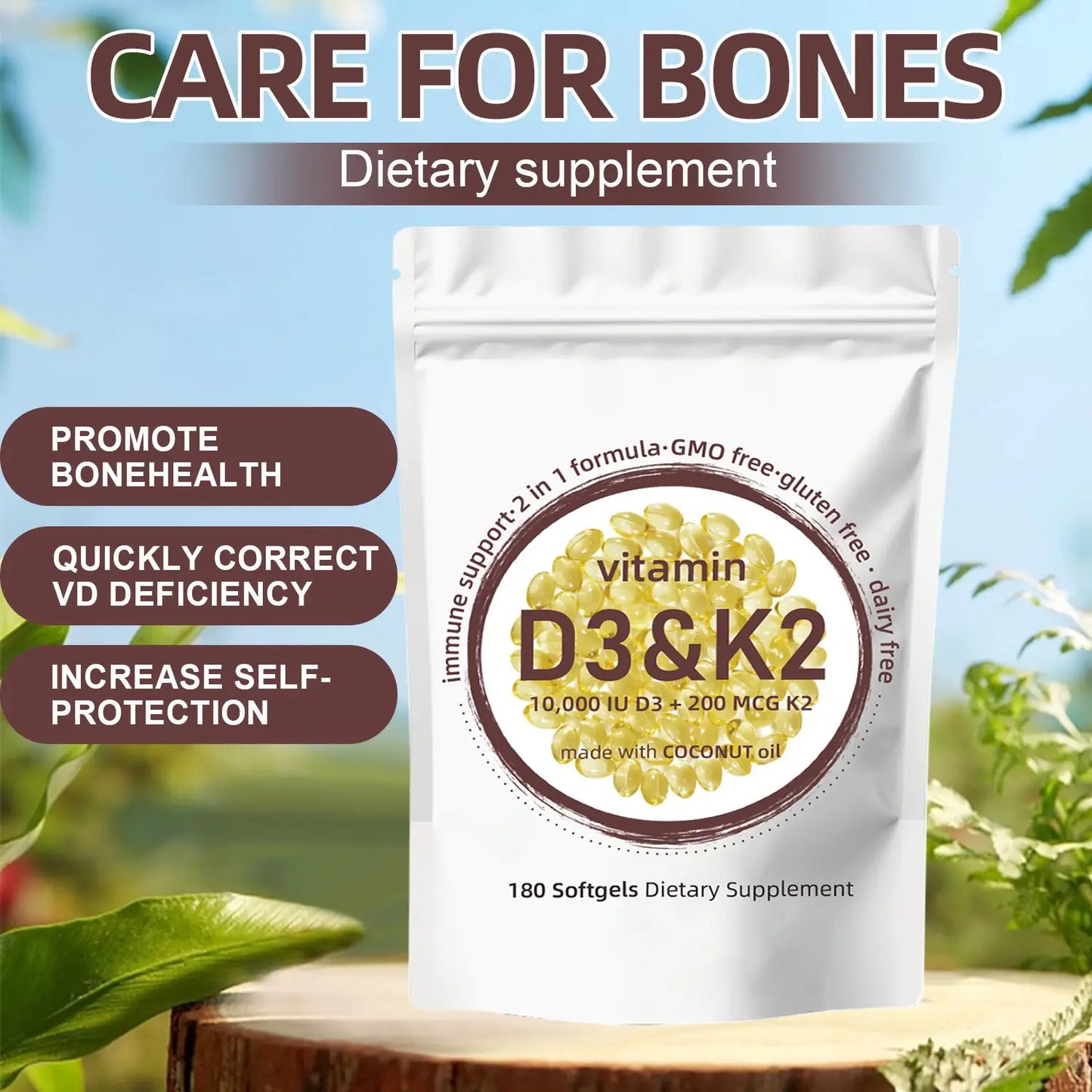 WISHCA Premium Vitamin D3 & K2 Softgels: Optimal Bone & Immune Support with MK-7 and Coconut Oil(180ct)