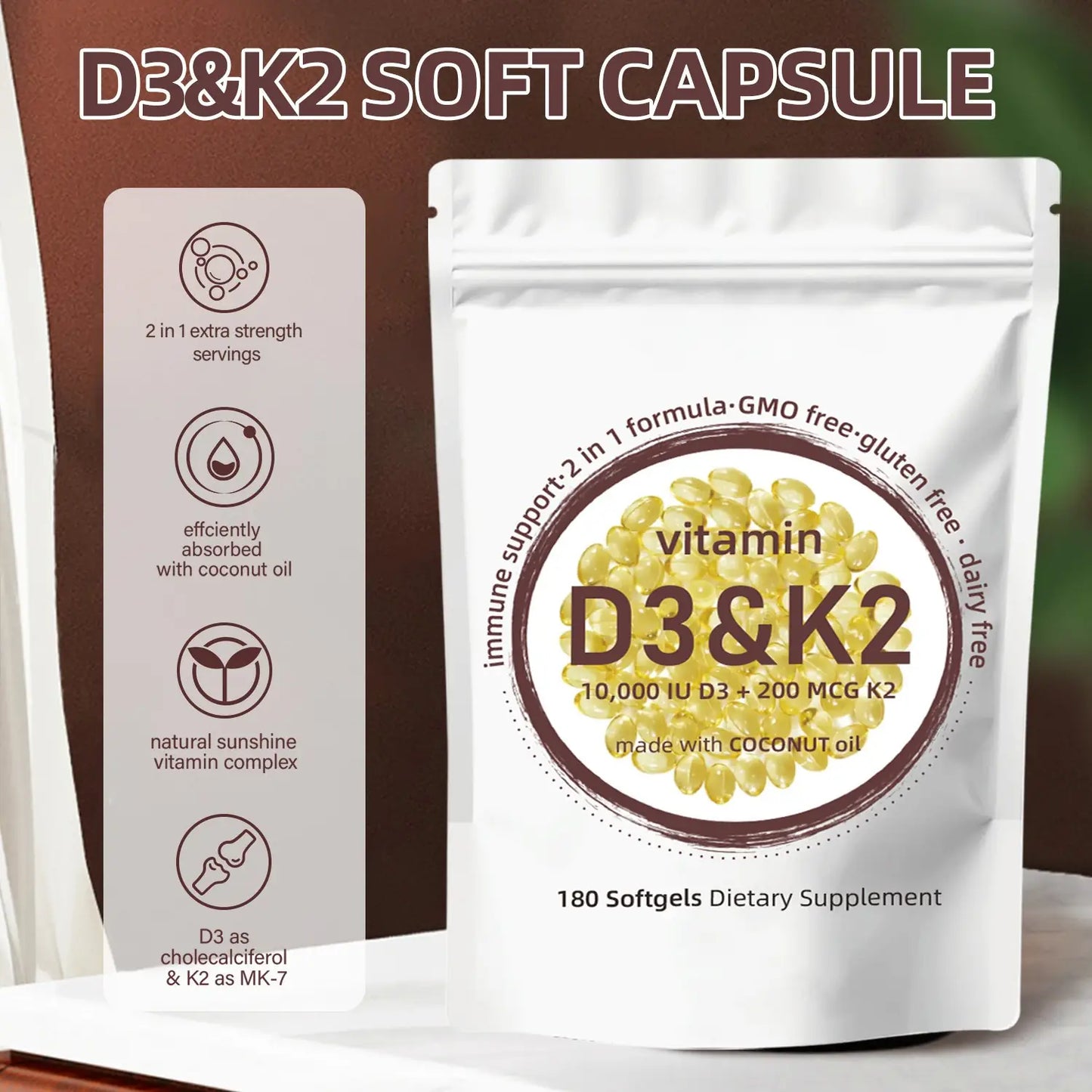 WISHCA Premium Vitamin D3 & K2 Softgels: Optimal Bone & Immune Support with MK-7 and Coconut Oil(180ct)
