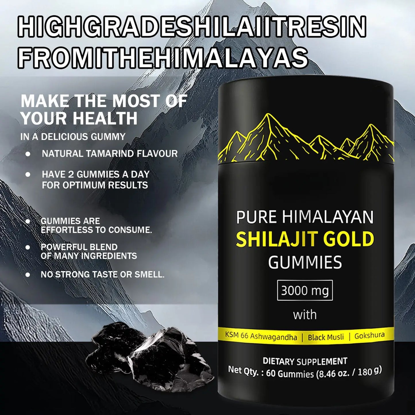 WISHCA Himalayan Shilajit Gold Gummies: Boost Energy & Stamina - With Fulvic Acid & Minerals (60ct)